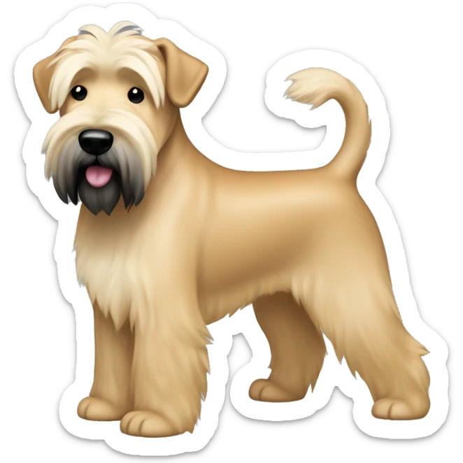 Wheaten terrier with long lighter color hair, darker color ears and black chin sticker