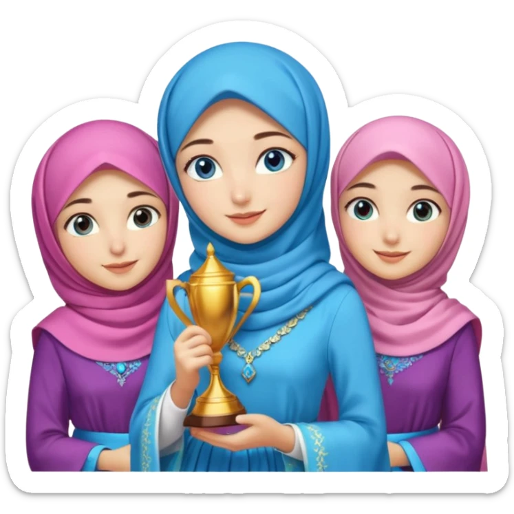 Turkish beautiful finish Konya girls blue eyes with party design hijab long tail dress and the friends have a championship  sticker