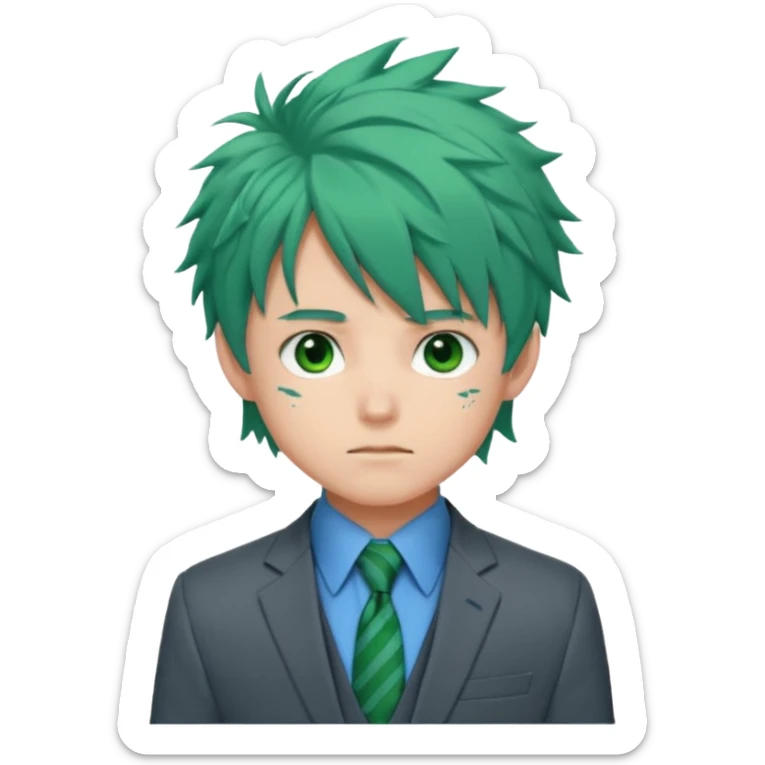 deku : boy anmie green hair green eyes in a ua gray jacket and blue tie suit with frenkles messy hair and black on the bangs sticker