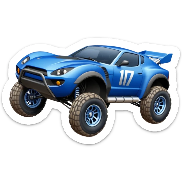 Satan’s Dirty Midnight-blue Local Motors Rally Fighter off road race car flying jumping over a dirt ramp (silver wheels) sticker