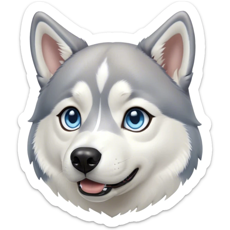 Cinematic Cute Siberian Husky Portrait Emoji, Head tilted playfully and inquisitively, featuring a lush grey and white coat with striking accents, round, sparkling icy blue eyes filled with curiosity, Simplified yet irresistibly adorable features, highly detailed, glowing with a crisp, friendly glow, high shine, affectionate and lively, stylized with a touch of whimsy, bright and endearing, soft glowing outline, capturing the essence of a mischievous yet loving pup, so playful it feels like it could dash out of the screen and into your arms! sticker