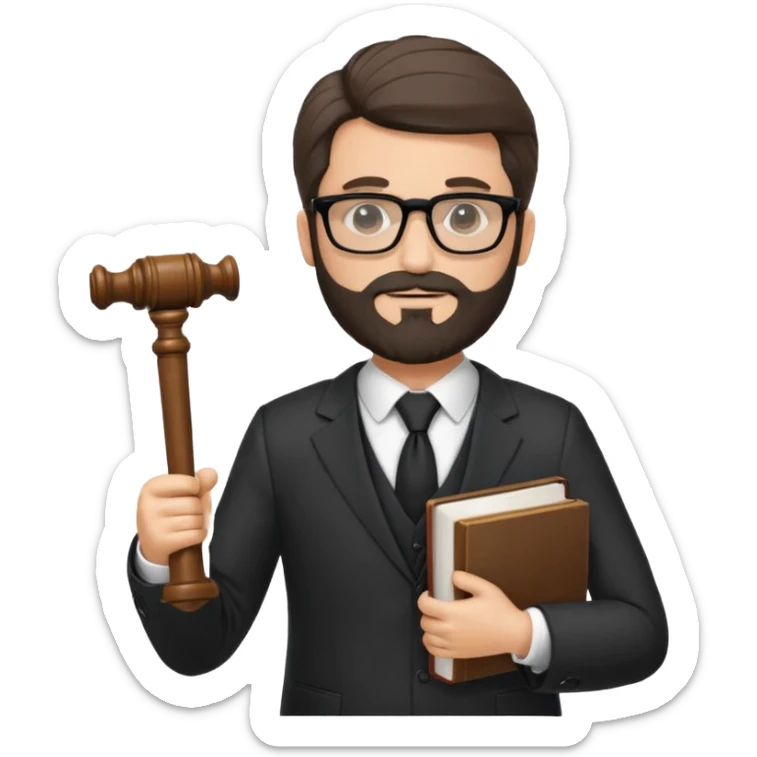 Create a male lawyer. he is wearing a fromal suit jckeret. He is holding a gavel in one hand and a book tucked under his another arm. He has beard and glasses without the glass lol. And the hair is kinda darker but not black sticker