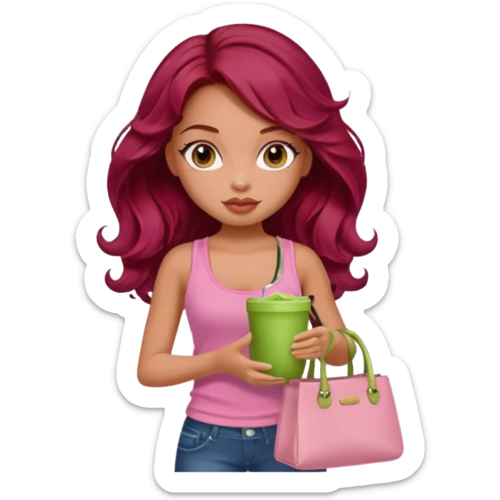 a pretty fair bratz girl with wavy dark red hair, wearing a pink tank top , carrying a matcha and a pink bag sticker