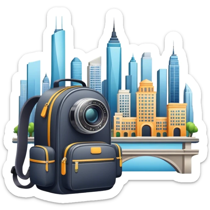 Icon for Urban Tourism: city skyline with iconic buildings, a camera and a backpack. The icon should represent the exploration of urban destinations, with elements like streets, landmarks, and vibrant city life. Transparent background. sticker