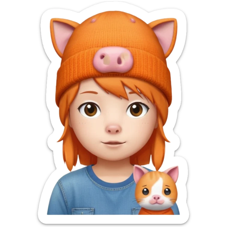 a colorful beanie, orange shirt with a cartoon pig and Japanese text, denim shorts, and accompanied by a small pixelated orange cat.  sticker