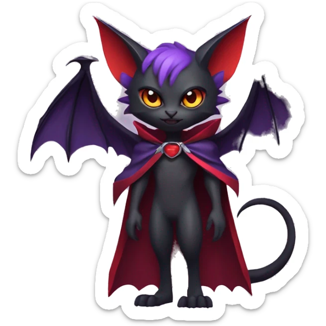  Black Red Purple Kawaii Edgy Cool Vampiric Demonic Beautiful Noivern-Nargacuga-Litten with big Bat Ears and wearing a cape and collar full body sticker