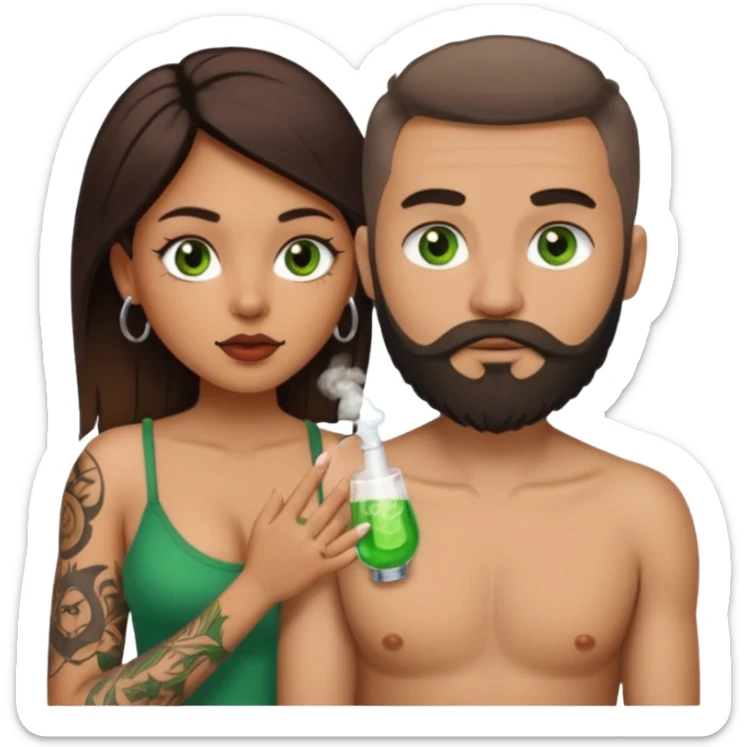Brown eyed Latina woman with pierced nipples, small breasts and tattoos giving a blowjob to a white man with green eyes and a beard  sticker