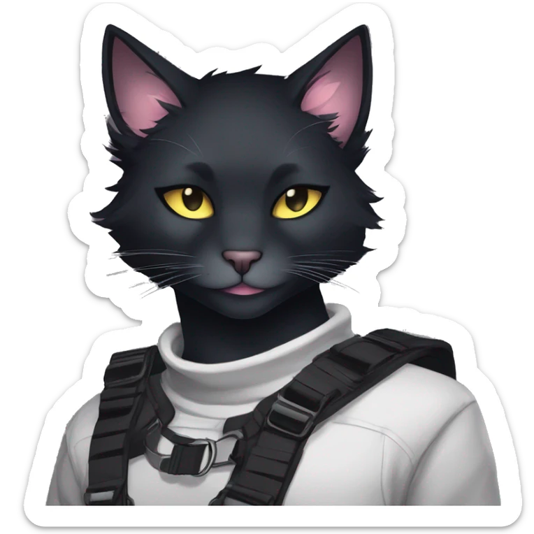 Gorgeous furry dark techwear anime style anthro black cat furry sona Fakémon aesthetic and pretty edgy black with collar and harness trending style sticker