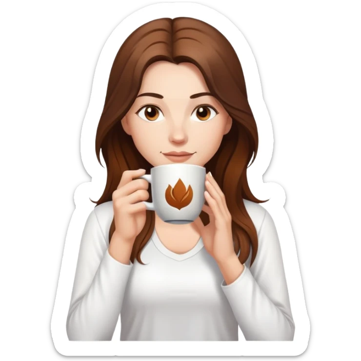 Yoga Woman white shirt long brown hair drinks coffee sticker