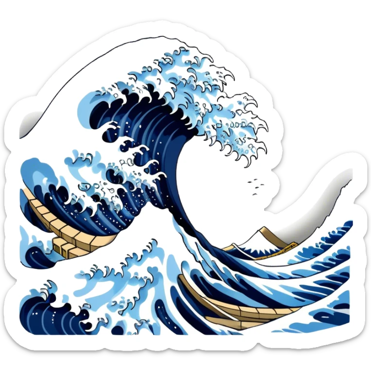 Cinematic Realistic Great Wave off Kanagawa, depicted as a colossal, crashing wave with dynamic blue hues and frothy white crests, rendered with intricate textures and fluid motion that captures both the timeless power and poetic beauty of the iconic Japanese artwork sticker