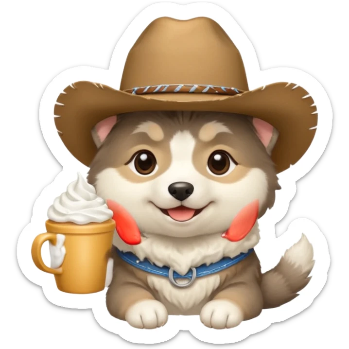 Agouti Malamute puppy wearing cowboy hat and smiling with cup of whipped cream sticker