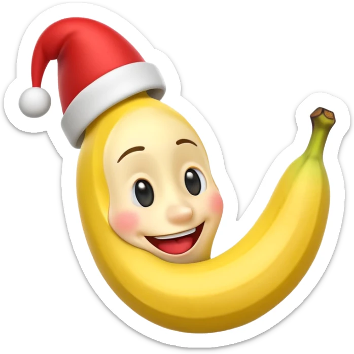 A 3D cartoon banana with a red nose and tiny hat, smiling face, playful pose, Memoji-style. sticker