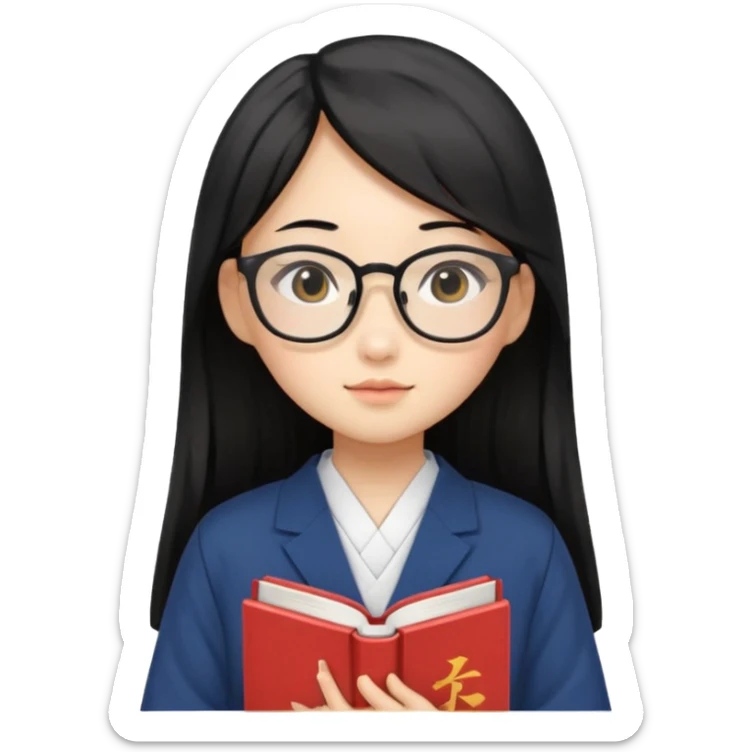 A student, asian girl, long black hair, wearing glasses, japanese uniform, hold book in front of their chest sticker