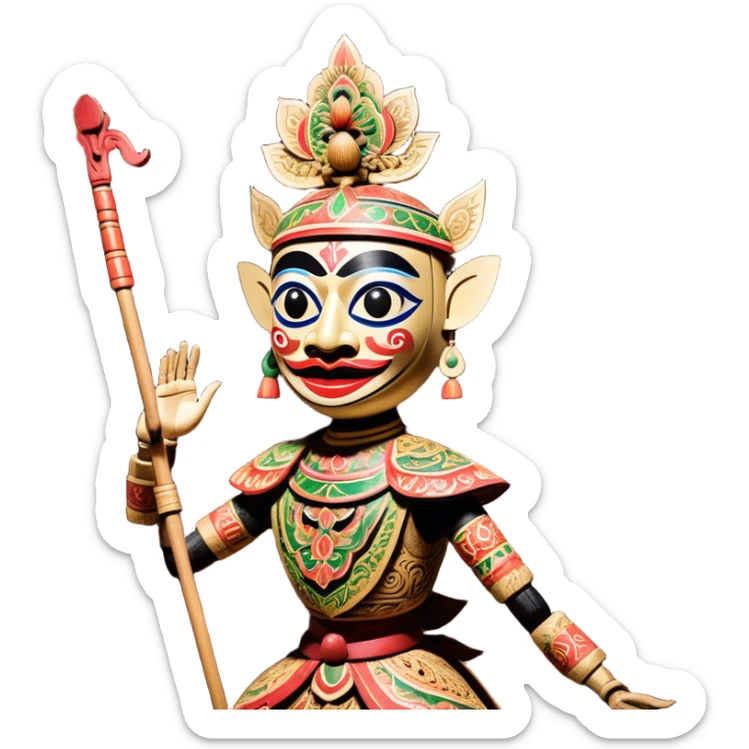 Golek Ayun-ayun – Cinematic Realistic Wayang Golek Ayun-ayun, depicted as an intricately carved traditional wooden puppet with vibrant painted details and expressive features, set on a dimly lit stage with dramatic shadows that evoke centuries of Indonesian theatrical heritage, rendered with lifelike textures and subtle ambient glow. sticker