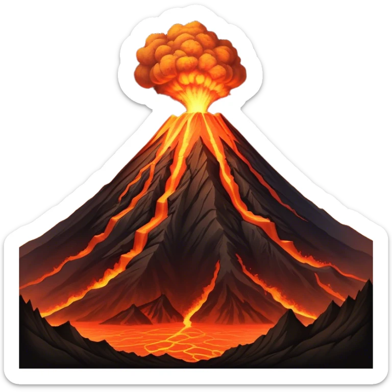 Cinematic Realistic Volcano Emoji, Powerful and awe-inspiring, with molten lava flowing from its jagged, smoking peak, casting an orange glow in the surrounding darkness. The landscape around it is barren and rocky, with clouds of ash rising into the sky. Soft glowing outline, capturing the essence of raw power and fiery energy in a towering volcano. sticker