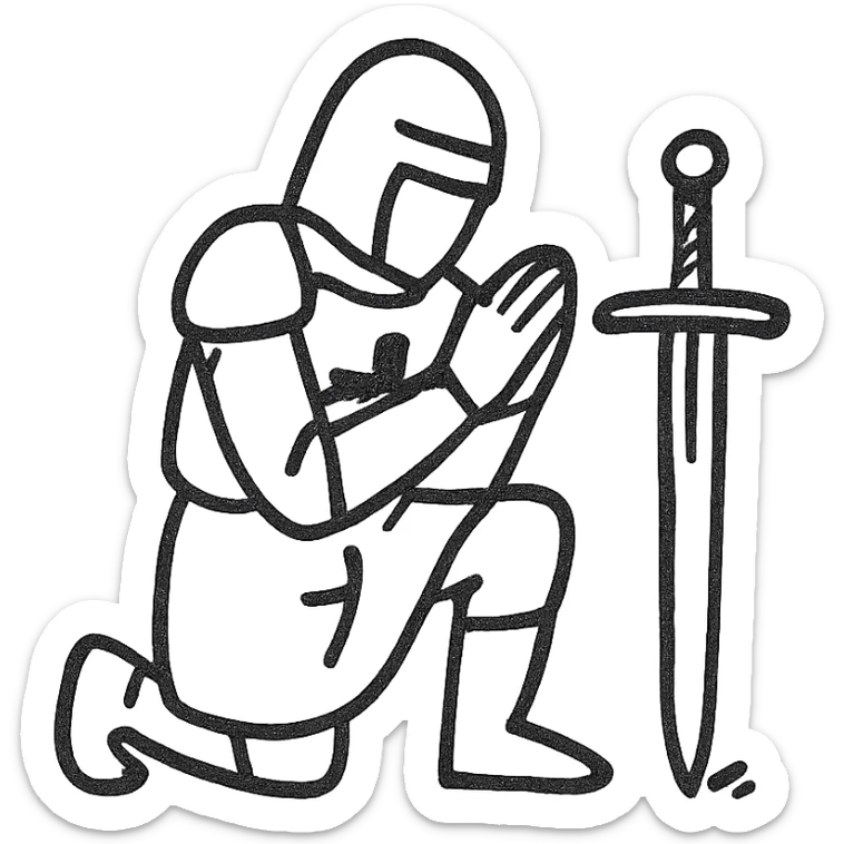 Christian knight kneeling in prayer, sword planted in the ground, hand drawn outline style sticker