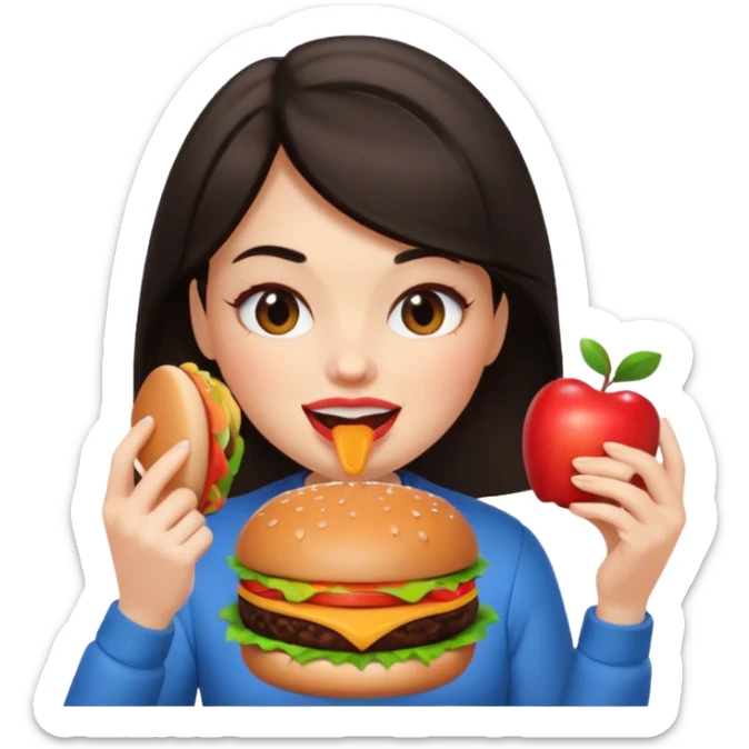 a girl with dark hair eating a burger, apple memoji style, winking sticker
