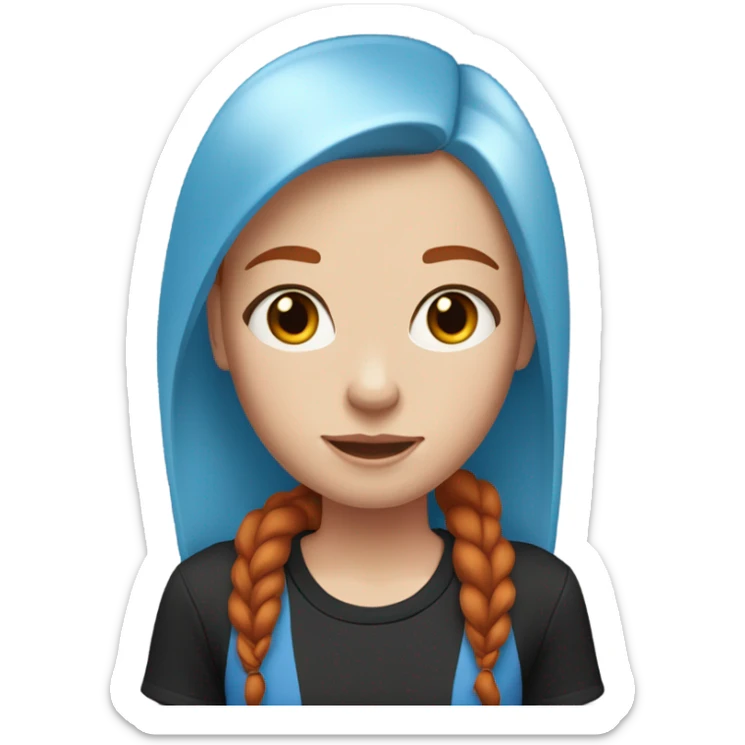 make a red-haired girl with straight, medium-length hair, pale blue eyes, freckles, red eyebrows and a black T-shirt sticker