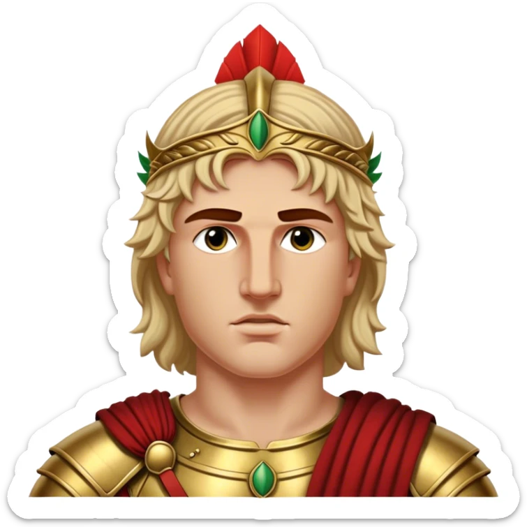 Cinematic Realistic portrait of Alexander the Great, depicted with photorealistic detail as a commanding historical conqueror, featuring sharp, lifelike facial features, meticulously rendered ancient Macedonian armor, and a laurel wreath, illuminated by natural, dramatic lighting that highlights his youthful determination and legendary presence. sticker