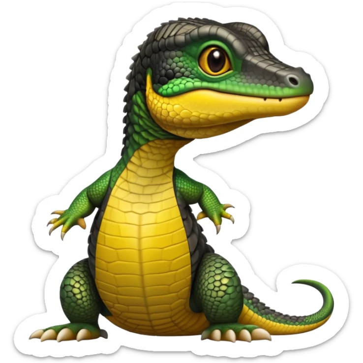 cinematic-realistic-cute-monitor-lizard-portrait-emoji,-head-tilted-playfully-and-inquisitively,-featuring-a-compact,-agile-body-with-finely-detailed,-glossy-scales-in-earthy-black and yellow-hues-and-a-distinct,-alert-face-with-bright,-curious-eyes, black , yellow spotted and green band  scales and a big long neck sticker