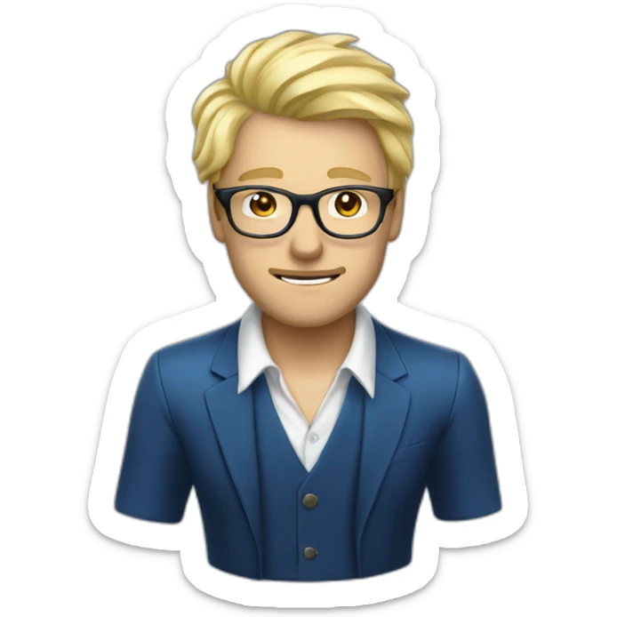 Homme en smoking bleu chemise blanche cheveux blond et lunettes sticker