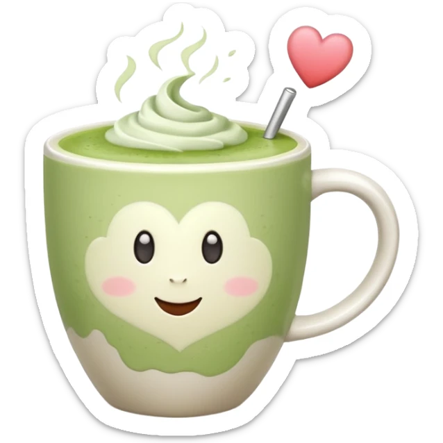 White ceramic mug of matcha latte with heart froth, pastel pink background sticker