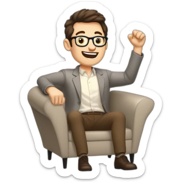 Joyful Celebrating victory Hands up Pale skinned Fit Man With dark brown hair in gray jacket, beige office shirt, Brown pants and vintage glasses sitting In a soft chair sticker