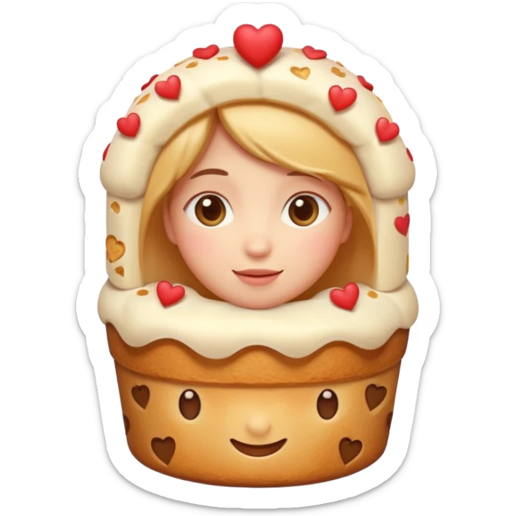 Apple-style emoji illustration of a cute face with dreamy eyes hugging a traditional panettone, small hearts floating around, soft 3D emoji style, smooth gradients, rounded shapes, warm festive colors, simple expression, centered composition, transparent background, no text. sticker