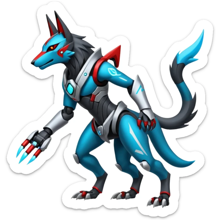 White and blue and cyan and red cyberpunk intricate neon glowing grey white futuristic cyborg-Anubis-Zeraora-Zoroark-fusion (full body) sticker