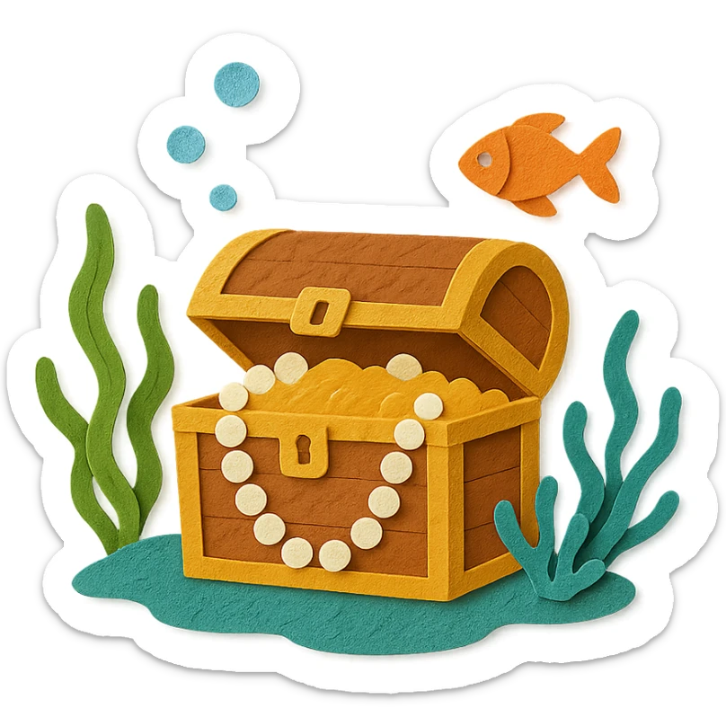 treasure chest underwater with pearls, seaweed, and fish, layered paper effect in paper-craft style sticker