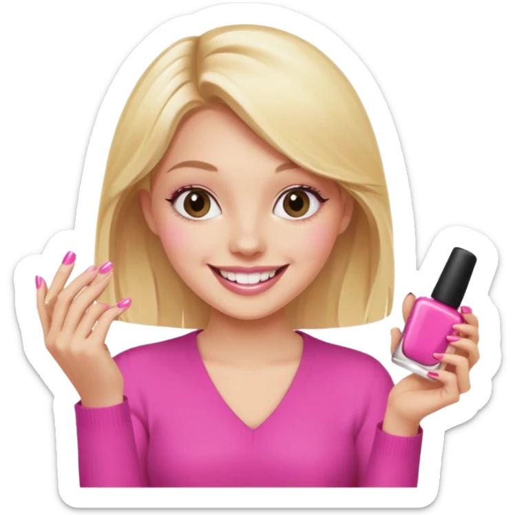 A happy blonde girl in pink holds nail polishes in her hand sticker