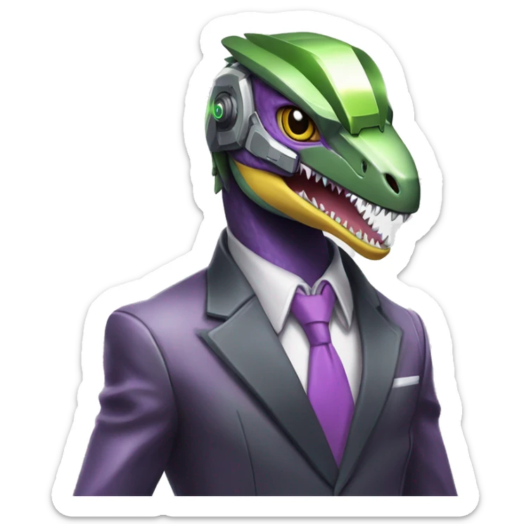 Shiny Edgy Velociraptor-Genesect-Fakémon-Pokémon wearing a with a futuristic cyber-helmet And suit Full Body sticker