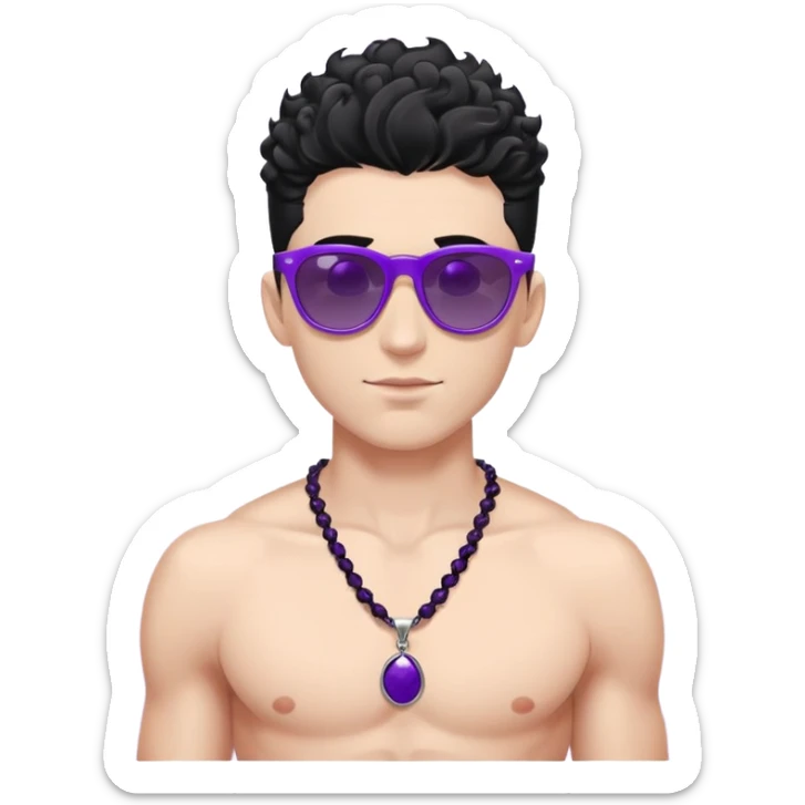 shirtless male athlete with white skin and moderately curly black hair on top with shaved sides, wearing purple sunglasses with black tinted lenses and a shiny black necklace sticker