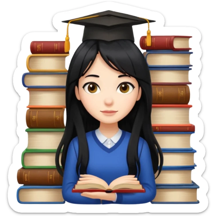 lecture girl with fringe long black color hair with lots of books sticker