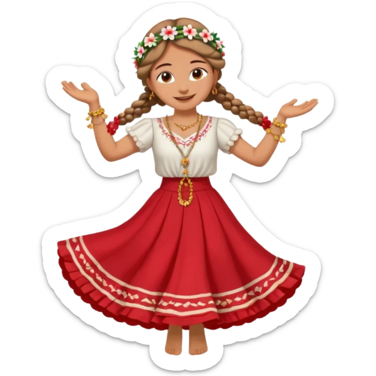 smiling barefoot Paraguayan woman dancing in a red wide skirt, flower headpiece, braids, white blouse, golden rosary sticker