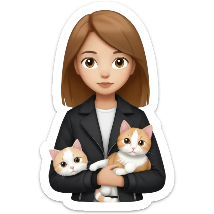 Light-skinned girl with brown straight hair wearing a black jacket, holding one completely white cat and one calico cat sticker