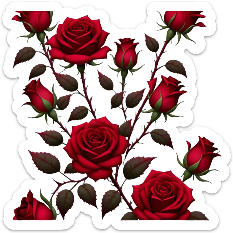 A hauntingly beautiful scene of deep red Gothic roses, their velvety petals unfolding in shades of ruby, burgundy, and scarlet. Dark thorns twist around them, emerging from the shadows like a forbidden love story. sticker