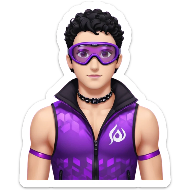male athlete with white skin and moderately curly black hair on top with shaved sides, wearing ski goggles with purple frames and very dark black lenses, a simple plain black chain necklace, and a completely unzipped sleeveless vest with purple and black sequin fire pattern design, fully revealing his chest, shoulders and arms, no earrings sticker