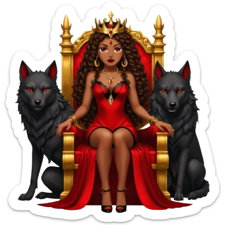 Lilith symbol seductress evil brown curly long hair haired, sexy succubus woman with red and black Chanel dress sitting on a Black and gold throne. A large black wolf laying beside he sticker