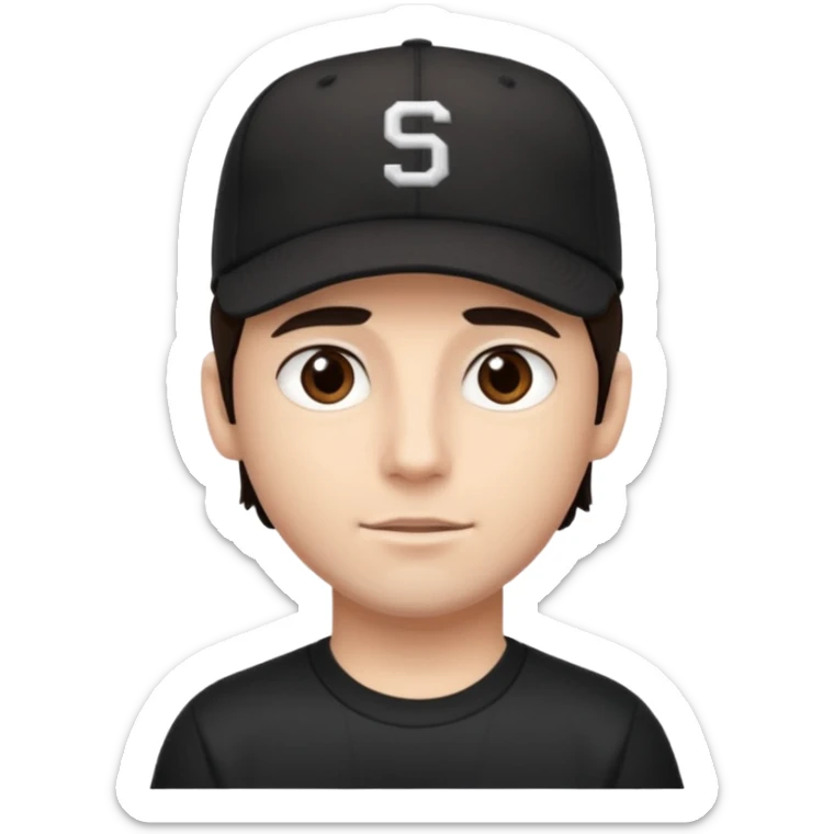male, dark brown hair, dark brown eyes, fair skin, black baseball hat, dry fit tee sticker