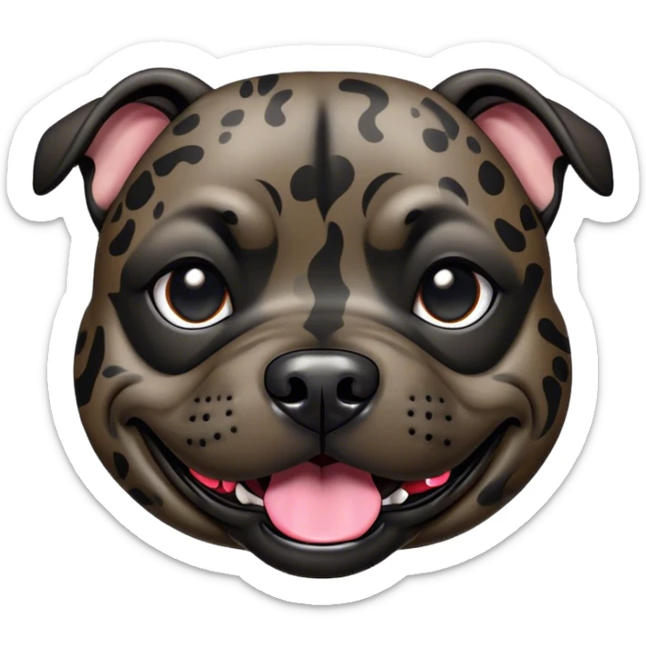 Cinematic Comical Black/Brindle Staffordshire Bull Terrier Portrait Emoji, Head tilted dramatically with an exaggeratedly amused expression, featuring a striking Fur with bold black and brindle patterns, wide, expressive dark eyes filled with playful disbelief, Simplified yet hilariously expressive features, highly detailed, glowing with a slightly sassy glow, high shine, dramatic yet playful, stylized with an air of cheeky mischief, bright and endearing, soft glowing outline, capturing the essence of a spirited and over-the-top guardian, so meme-worthy it feels like it could side-eye its way into internet fame instantly! sticker
