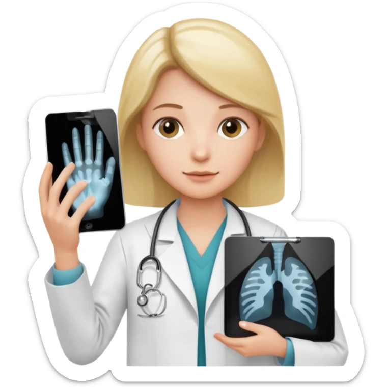 Radiografía de mano sostenida por un médico con bata  piel planta sticker