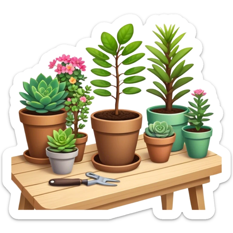 Close-up of a potted sapling with vibrant flowering plants around it, in rich soil. Sunlight filters through the window, casting soft shadows. Cozy indoor garden with blooming flowers, succulents, and gardening tools placed neatly on a wooden table. sticker