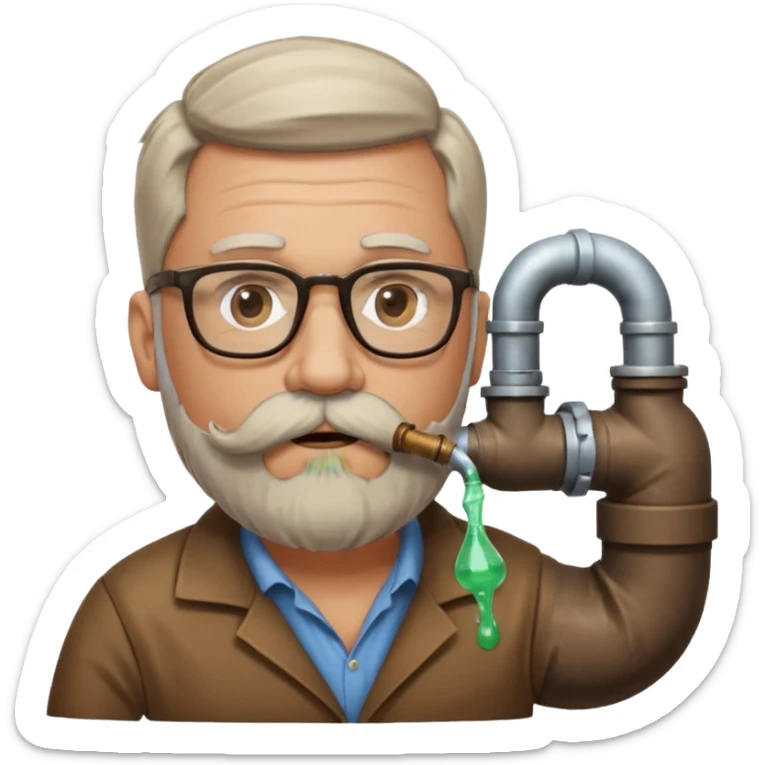 50 year old bearded and moustached white male wearing glasses. In his mouth is a sewer pipe and out the end is flowing brown liquid into a street gutter. sticker