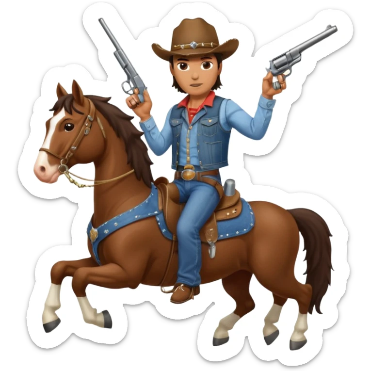 I need a very muscular brunette cowboy riding a large Clydesdale horse shooting a gun in both handles. sticker