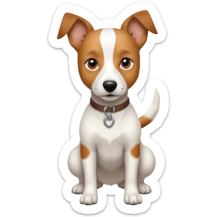 a full body white jack russel looking dog the size of a kelpie with light brown ears and a light brown patch on one eye and a large snout sticker