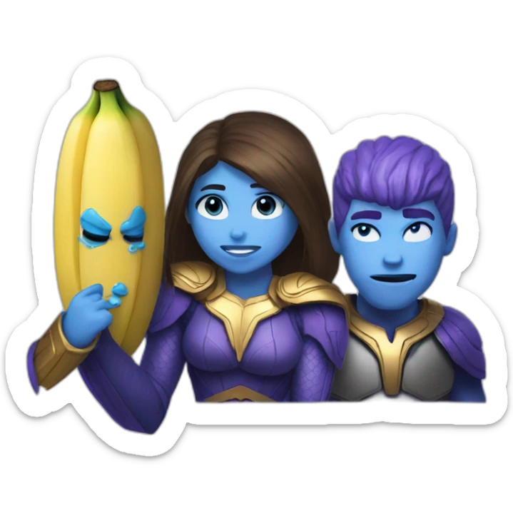 A blue banana and a thanos crying and a girl biting that blue banana sticker
