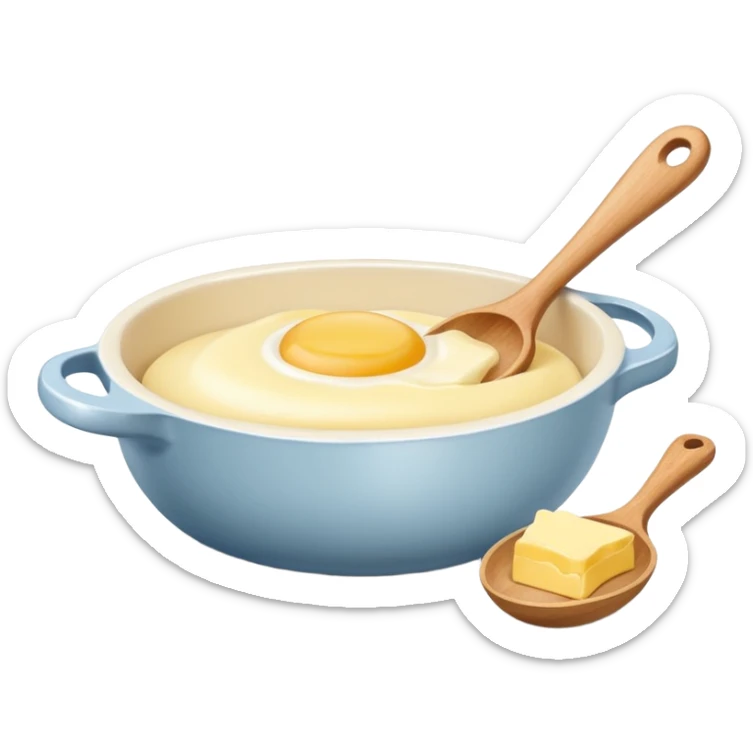 A cream ceramic baking bowl with a wooden spoon in it, next to it is a carton of eggs and butter sticker