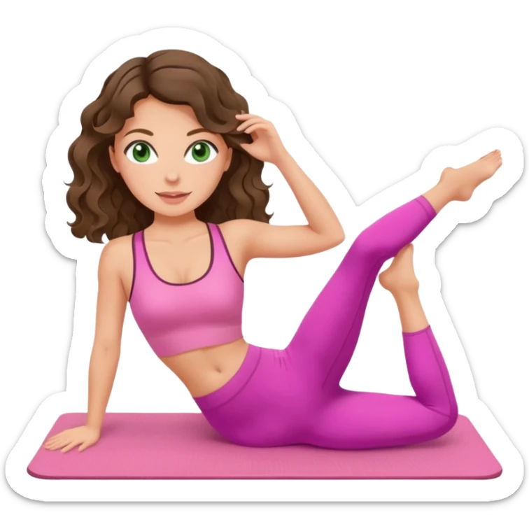 White, green-eyed, brunette cute feminine lady emoji with wavy hair doing pilates wearing pink pilates fit sticker