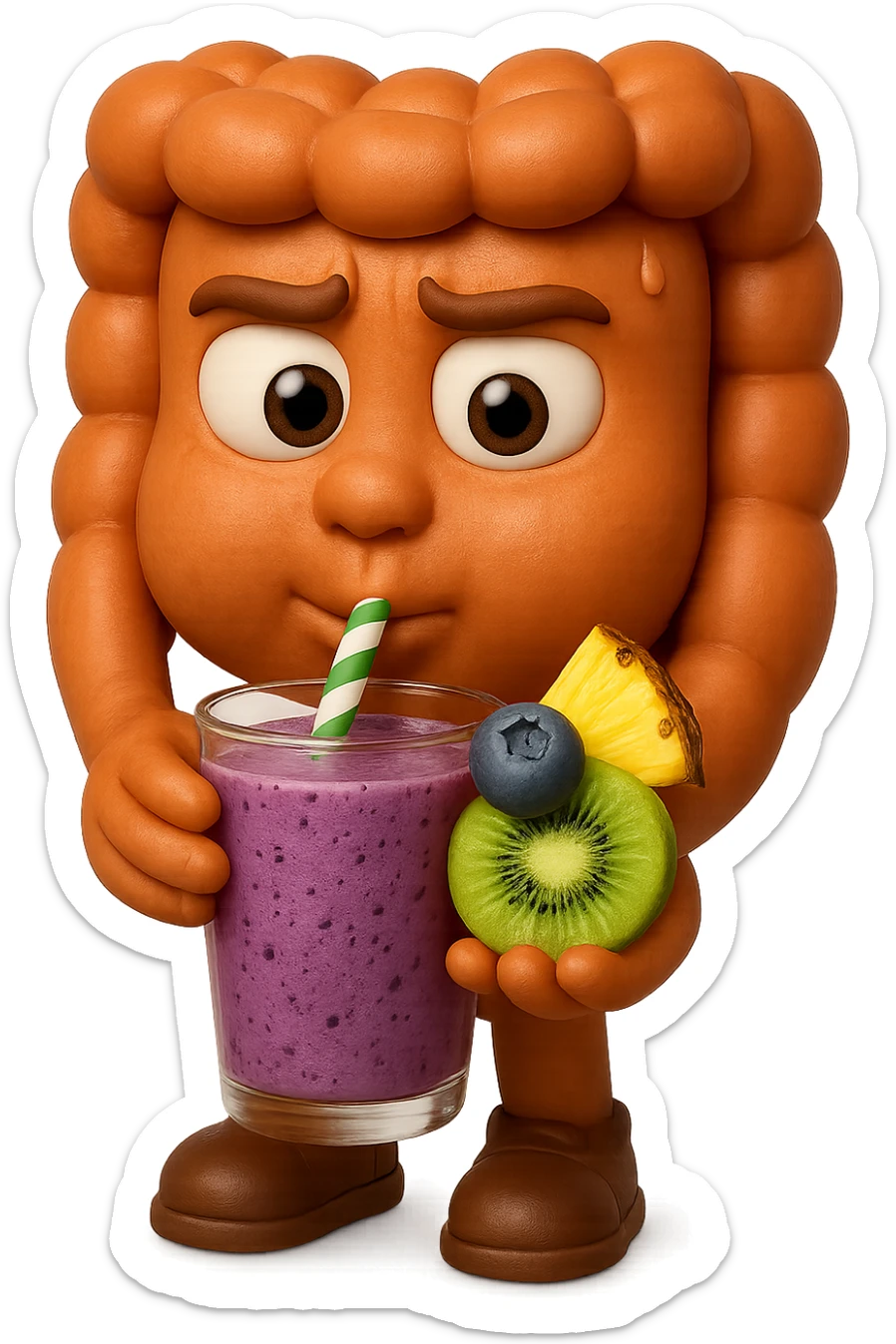 EMOJI STILE IPHONE DI un intestino umano anatomico che beve un frullato di mirtilli, ananas, kiwi, fagli anche la parte bianca degli occhi, non solo le pupille, REALISTICo 4K sticker